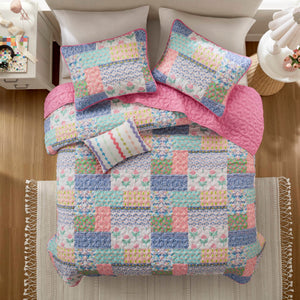 English Elm 4-Piece Full/Queen Quilt Set Pink Floral Coverlet with 2 Shams & Throw Pillow, Soft Microfiber Comfort B035P408452