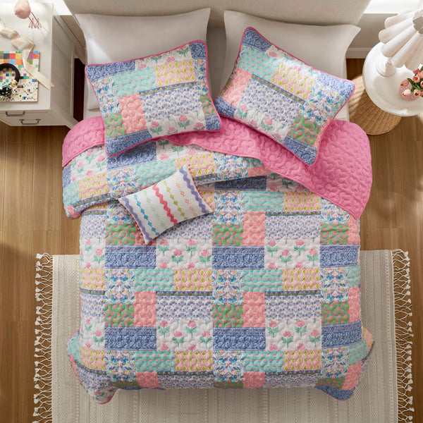 English Elm 4-Piece Full/Queen Quilt Set Pink Floral Coverlet with 2 Shams & Throw Pillow, Soft Microfiber Comfort B035P408452