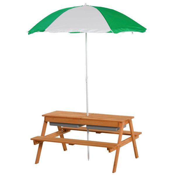 English Elm Outsunny Solid Fir Wood Kids Picnic Table with Shade Umbrella and Sand Basin W2225P217336
