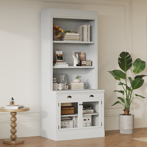 English Elm 83.4"Tall Modern Bookcase With Glass Doors & Drawer - Stylish Storage For Living Room Or Office Use N751S323419K