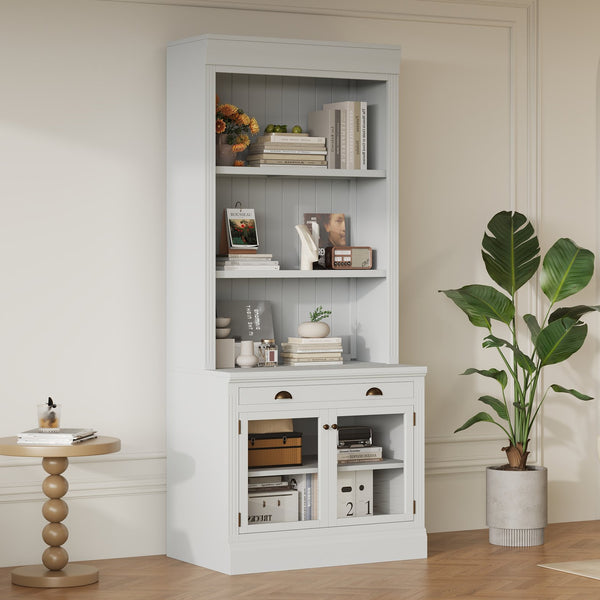 English Elm 83.4"Tall Modern Bookcase With Glass Doors & Drawer - Stylish Storage For Living Room Or Office Use N751S323419K