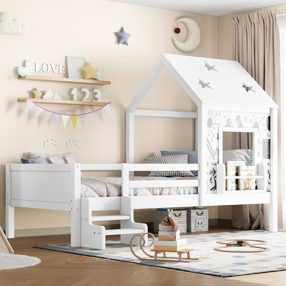 English Elm Full Bunk Bed with Trundle Bookshelf Storage Pine Frame Car Design for Kids Light White W1580S00293