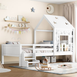 English Elm Full Bunk Bed with Trundle Bookshelf Storage Pine Frame Car Design for Kids Light White W1580S00293