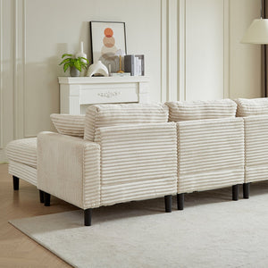 English Elm 122.5-Inch Oversized U-Shaped Modular Sofa Corduroy Sectional with Double Chaise, Ottoman, Pillows and Plastic Legs Beige W1193S00122