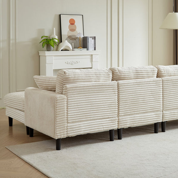 English Elm 122.5-Inch Oversized U-Shaped Modular Sofa Corduroy Sectional with Double Chaise, Ottoman, Pillows and Plastic Legs Beige W1193S00122