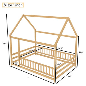 English Elm Twin Pine House Frame Floor Bed with Peaked Roof and Fence Guardrails for Kids Natural W1858P389982