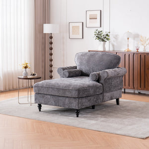 English Elm [New] Oversized Chaise Lounge Indoor Chenille Sleeper Recliner Armchair with Wide Foam Seat & Pillows DARK GREY W2363S00085