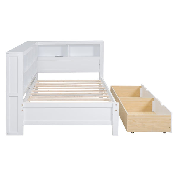 English Elm Wooden Twin Daybed with Storage Drawers Usb Charging Shelf and Pine Frame White N733S347768K