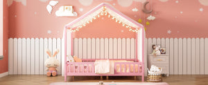 English Elm Montessori House Bed Frame Twin with Canopy & Full Guardrails, Cozy Kids Platform Bed for Toddlers Pink 77.8 L x 17.25 W x 7 H N733P356048H