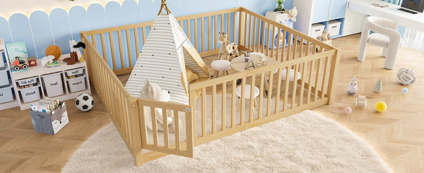 English Elm Queen Kids Floor Bed Pine Wood Frame with Safety Rails Door and Low Profile Design Natural W1580P417673