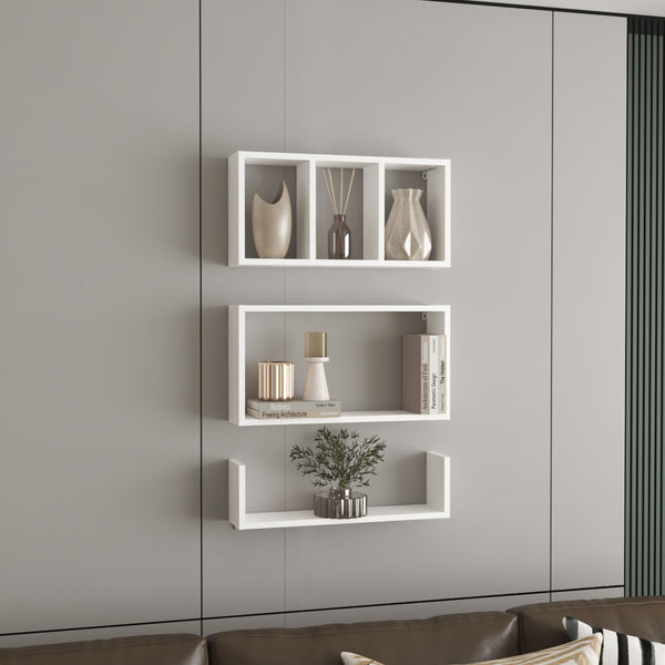 English Elm Trego Floating Wall Shelves Set of 3 — Modern White Engineered Wood, Sleek Space‑Saving Display & Storage B200P362028