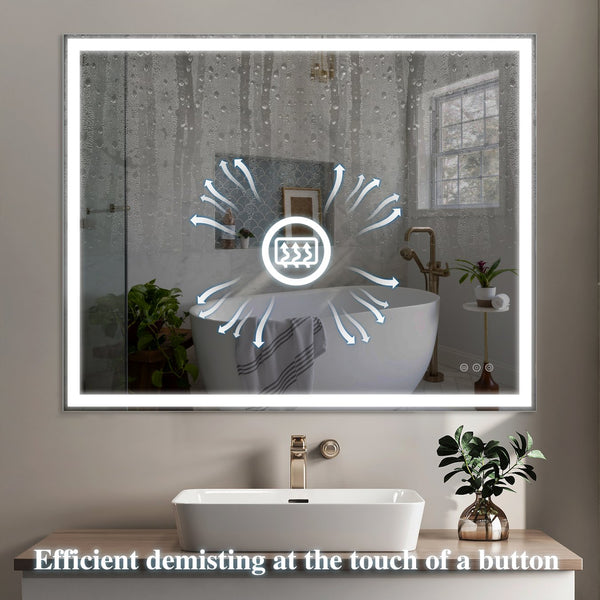 English Elm 32x40 LED Bathroom Vanity Mirror Silver Frame IP44 Anti-Fog Touch Dimmer Memory Tray Modern Smart W708P176758