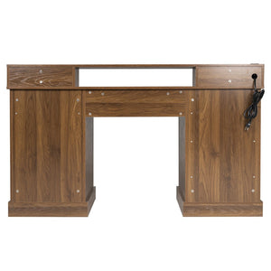 English Elm 59" Fluted Oak L-shaped Corner Desk with Charging Station Monitor Stand and File Storage Dark Walnut W2917S00007