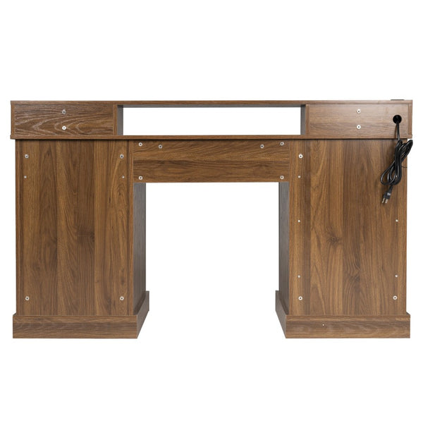 English Elm 59" Fluted Oak L-shaped Corner Desk with Charging Station Monitor Stand and File Storage Dark Walnut W2917S00007