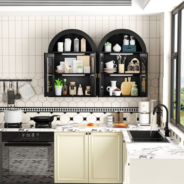 English Elm Wall Mounted Arched Cabinet Tempered Glass Doors Led Lighting Adjustable Shelves Bathroom Black T3210P471555