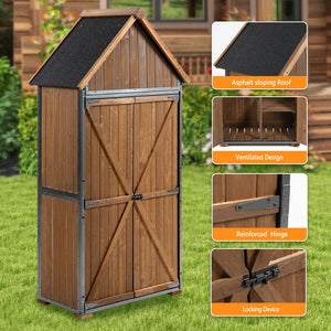 English Elm Outdoor Storage Cabinet with Wood & Metal Frame 32.3"L x 21"W x 67"H Weatherproof Garden Shed Organizer for Patio Lawn Tools and Equipment Brown W1422P284300