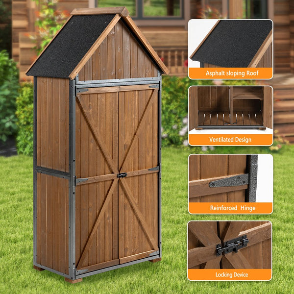 English Elm Outdoor Storage Cabinet with Wood & Metal Frame 32.3"L x 21"W x 67"H Weatherproof Garden Shed Organizer for Patio Lawn Tools and Equipment Brown W1422P284300