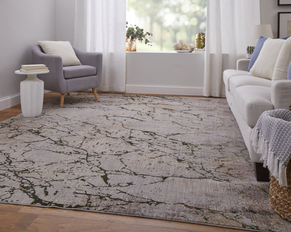 Feizy Rugs Pryor Luxurious Abstract High-low Pile Rug - Modern, Versatile Design In Earthy And Vibrant Tones Taupe,Green,Tan Polyester,Viscose Pry39nefgrnmlte10