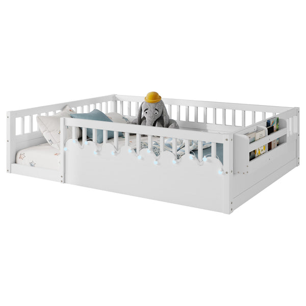 English Elm Full Montessori floor bed offering high rails, built-in light and shelf for safe independent sleep and storage White 79.13 L x 13 W x 6.3 H W2593P333586