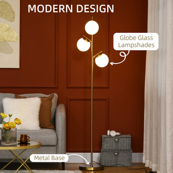 English Elm HOMCOM Gold 3-Light Modern Tree Floor Lamp with Globe Shades, Steel Base, Foot Switch, 66.5" H, E26 W2225P173948