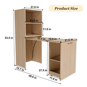 English Elm Stretchable expandable office desk with magnetic fold, lockable casters, adjustable shelves for storage and space-saving Natural Wood W509P355681