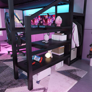 English Elm Metal Queen Loft Bed with L Shaped Desk Wardrobe Rgb Lighting and Usb Charging W2593S00065