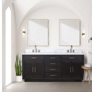 English Elm Black Double Oak 72" Double Sink Vanity - 22" Deep Midcentury Wood Cabinet, Soft-Close Drawers B2731P260846
