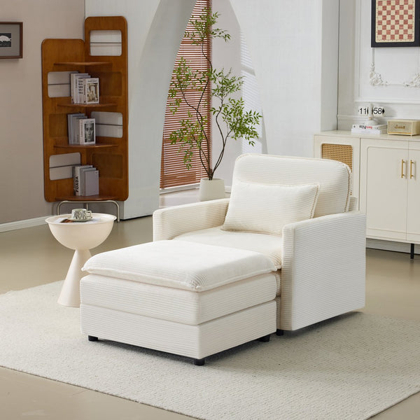 English Elm 54" Plush Cloud Sofa Modular Single with Ottoman, Beige Corduroy, High-Resilience Foam, Space-Saving Comfort W1829P324892