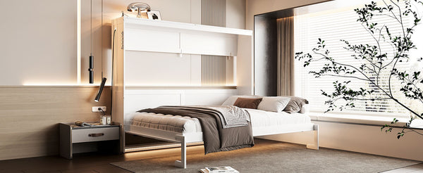 English Elm Queen-size Murphy Wall Bed with Led Ambient Lighting Usb Outlet and Graphic Panel White LP000357AAK