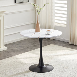 English Elm Round Faux Marble Tulip Pedestal Dining Table Mid Century Modern for Small Bistro Spaces Black White W2920P400972