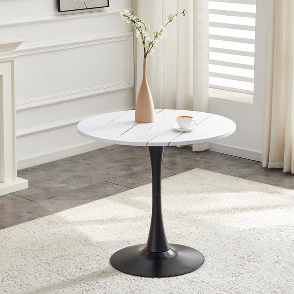 English Elm Round Faux Marble Tulip Pedestal Dining Table Mid Century Modern for Small Bistro Spaces Black White W2920P400972