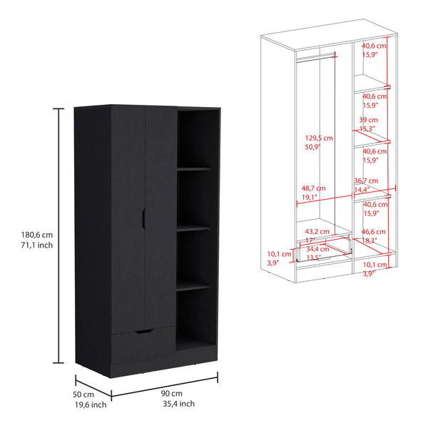 English Elm Memphis Wardrobe Armoire with Double Doors, Built-In Hanging Rod, 4 Shelves & Spacious Drawer Black 40 L x 23 W x 3 H B070S00203