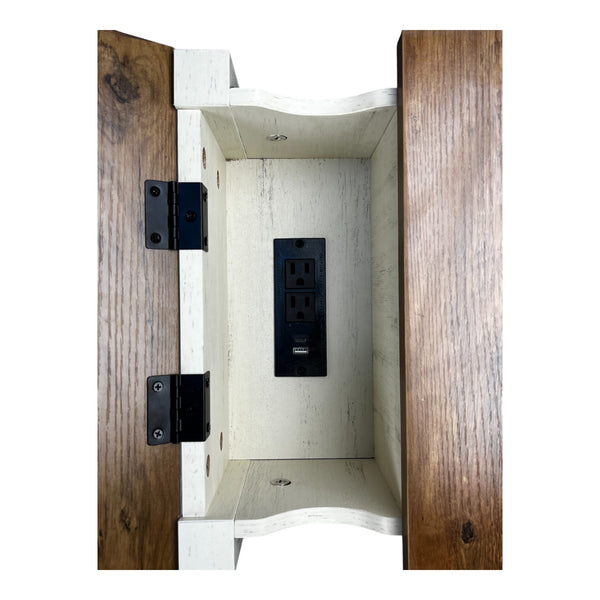 English Elm Farmhouse Nightstand with Charging Station and Barn Door Drawer — USB-C, AC Outlets, Compact Storage Brown+White W1412P230407