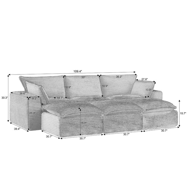 English Elm Cloud Corduroy Sectional Sofa Plush Modular L-shape with Ottoman for Living Room W2339S00139
