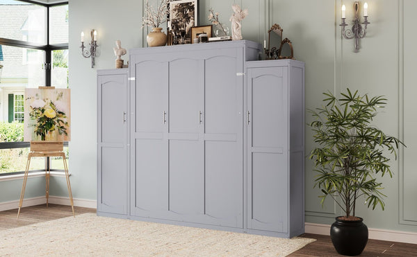 English Elm Queen Murphy Wall Bed Gray Pine Platform Frame with Dual Wardrobe Storage Shelves N733S339767E