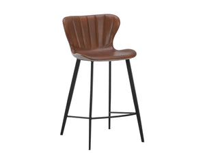 Sunpan Arabella Mid-Century Modern Bar Stool with Clamshell Tufting and Stylish Black Steel Legs Bravo Cognac / November Grey