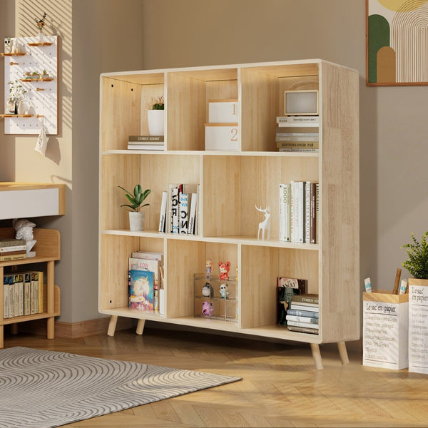 English Elm Pine Solid Wood Eight Compartment Bookcase Natural Grain Organizer for Home or Office W3166P346816