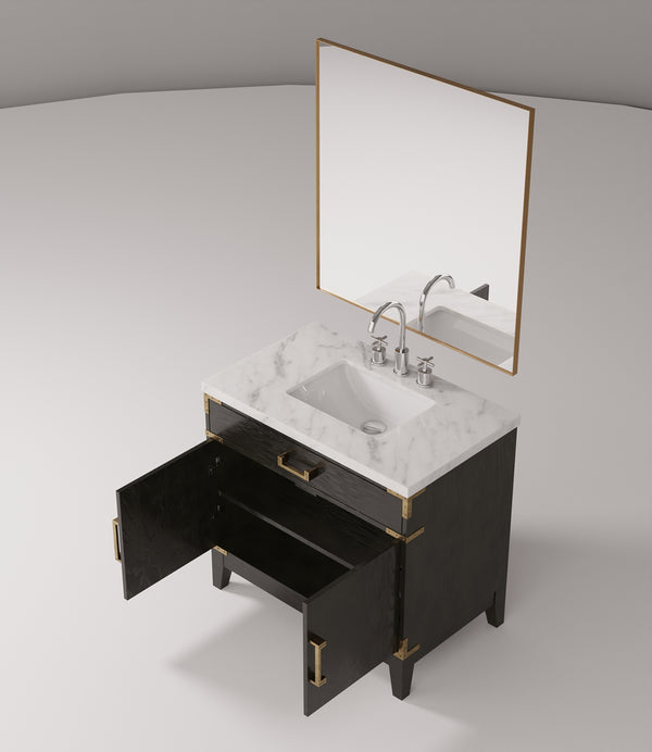 English Elm Black Oak Single Bath Vanity Set With Carrara Marble Top, 34" Mirror & Chrome Faucet For Elegant Style B2731S02219