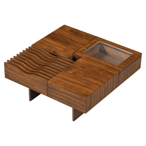 English Elm VIBE Mid Century Square Coffee Table with Tempered Glass Display, 3 Drawers, Solid Wood Craftsmanship Brown N724P270432D