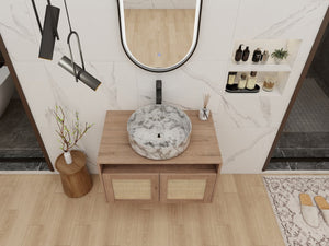 English Elm 30" Wall Mounted Bathroom Vanity Oak Finish Ceramic Art Sink Soft Close Storage W999S00493