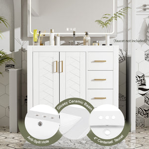 English Elm 36'' Bathroom Vanity with Ceramic Sink Combo Solid Wood Frame Soft-Closing Drawers Ample Storage Elegance White N710P243327K