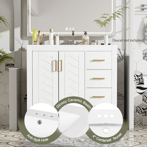 English Elm 36'' Bathroom Vanity with Ceramic Sink Combo Solid Wood Frame Soft-Closing Drawers Ample Storage Elegance White N710P243327K