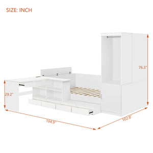 English Elm Full Size Wooden Platform Bed With Integrated Desk, 6 Drawers, Wardrobe & Modern Shelves, White Finish N820S00060K