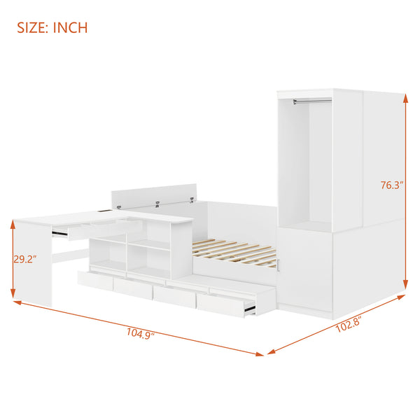 English Elm Full Size Wooden Platform Bed With Integrated Desk, 6 Drawers, Wardrobe & Modern Shelves, White Finish N820S00060K