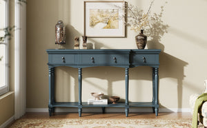 English Elm [video] Solid Pine Console Table Ornate Carved Legs Copper Hardware Soft-close Drawers Blue N759P433566C