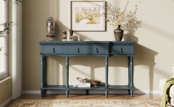 English Elm [video] Solid Pine Console Table Ornate Carved Legs Copper Hardware Soft-close Drawers Blue N759P433566C