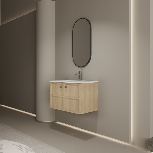 English Elm 30" Oak Wall-Mounted Bathroom Vanity with Ceramic Sink, 2 Soft-Closing Doors, Plywood Build, Space-Saving Design W1972S00022