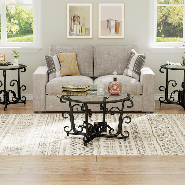 English Elm 3-Piece Glass Coffee Table Set with Tempered 5mm Top, Black Steel Frame, Nesting Design for Small Spaces T2398P354182