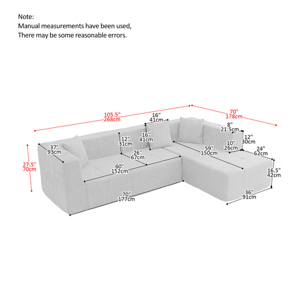 English Elm [Vedio provied] Modular 105.5" L-Shaped Sectional Sofa – Deep Tufted Beige Couch with Chaise, Modular Comfort W848S00040