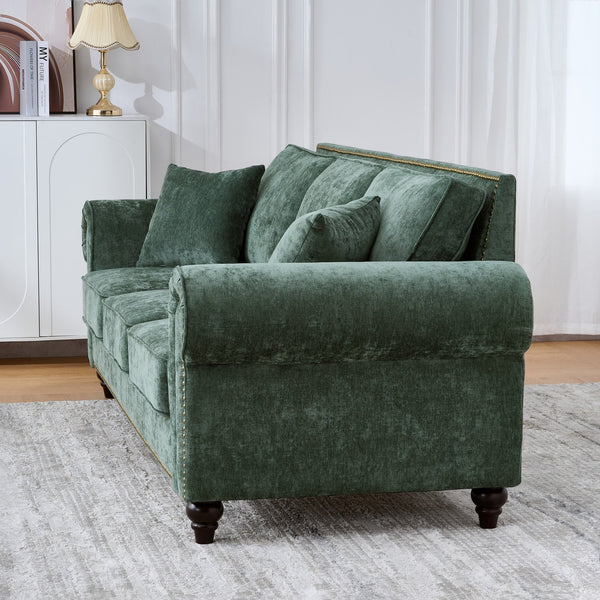 English Elm Modern Chenille 3+2 Seater Sofa with Rolled Arms, Velvet Touch, Nailhead Trim, Solid Wood Legs, Cozy Green W3373S00044
